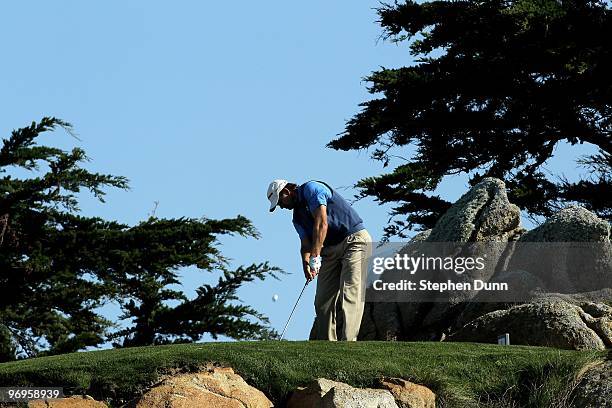 Retief Goosen of South Africa hits his tee shot on the 11th hole during the third round of the AT&T Pebble Beach National Pro-Am at Monterey...