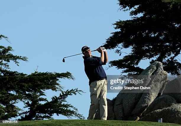 Hayes hits his tee shot on the 11th hole during the third round of the AT&T Pebble Beach National Pro-Am at Monterey Peninsula Country Club on...