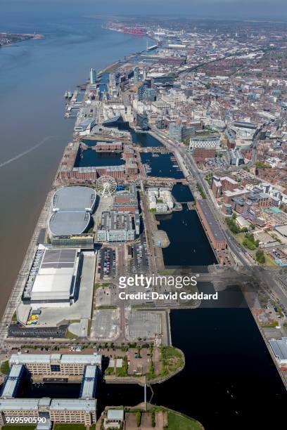 Aerial photograph of the Queens Dock, Wapping Dock and Albert Dock on May 5th 2018. Located to the south west of Liverpool City Centre, on the banks...