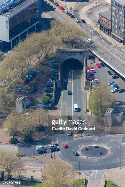 Aerial photograph of the entrance to the Mersey Tunnel linking Liverpool city centre to the Wirral Peninsula on May 5th in this aerial photograph...