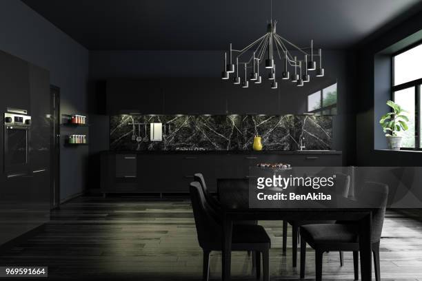 black modern kitchen interior - luxury kitchen stock pictures, royalty-free photos & images