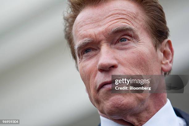 Arnold Schwarzenegger, governor of California, speaks to the media outside the White House in Washington, D.C., U.S. On Monday, Feb. 22, 2010....