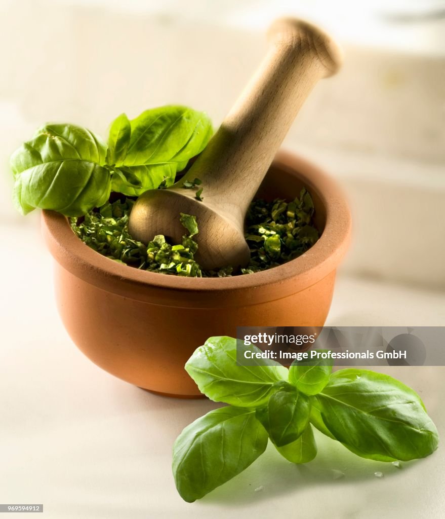 Basil pesto in a mortar