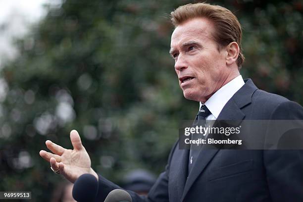 Arnold Schwarzenegger, governor of California, speaks to the media outside the White House in Washington, D.C., U.S. On Monday, Feb. 22, 2010....