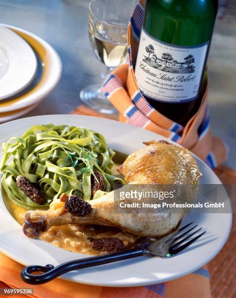 chicken and tagliatelli with morel mushrooms - morel mushroom stock pictures, royalty-free photos & images