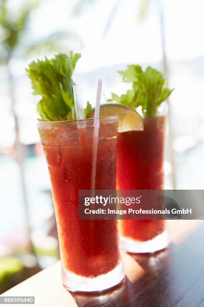 two bloody mary's at a beach bar - tomatensap stockfoto's en -beelden