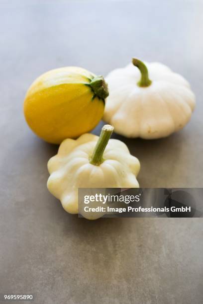 two white patty pan squashes and a yellow summer squash on a grey surface - pattypan squash stock pictures, royalty-free photos & images