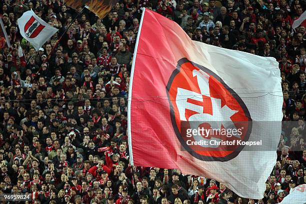The fans of Lautern wave a flag during the Second Bundesliga match between 1.FC Kaiserslautern and FC St. Pauli at Fritz-Walter Stadium on February...