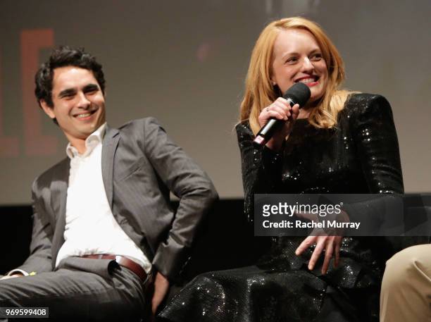 Actors Max Minghella and Elisabeth Moss speak onstage at Hulu's "The Handmaid's Tale" FYC at Samuel Goldwyn Theater on June 7, 2018 in Beverly Hills,...