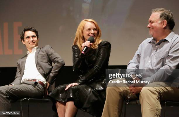 Actors Max Minghella, Elisabeth Moss and producer Bruce Miller speak onstage at Hulu's "The Handmaid's Tale" FYC at Samuel Goldwyn Theater on June 7,...