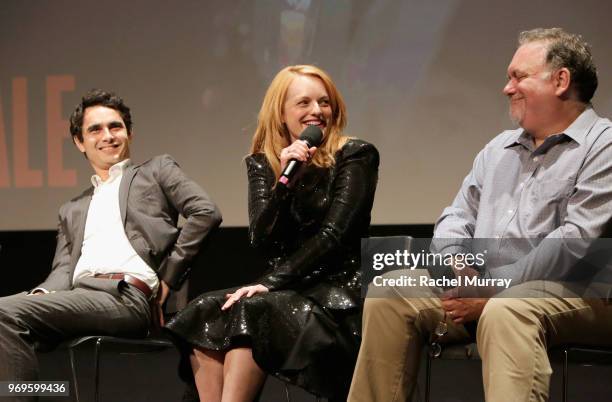 Actors Max Minghella, Elisabeth Moss and producer Bruce Miller speak onstage at Hulu's "The Handmaid's Tale" FYC at Samuel Goldwyn Theater on June 7,...