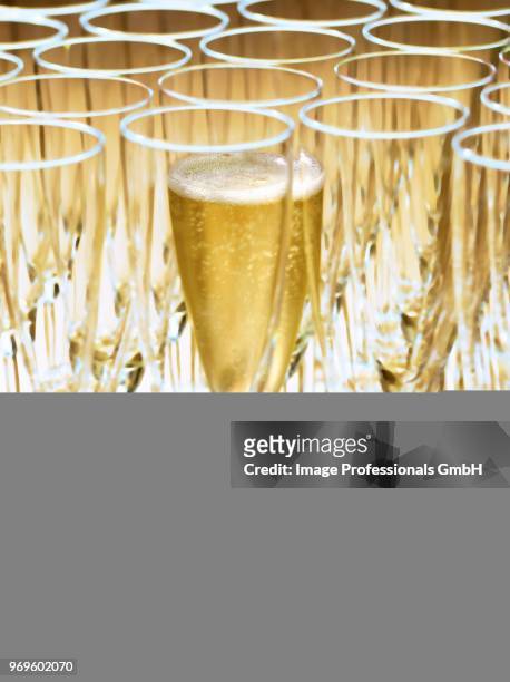 a glass of champagne between empty champagne glasses - abondance stock-fotos und bilder