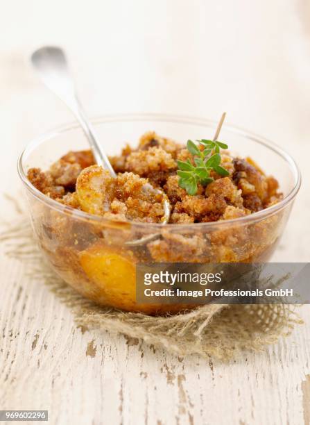 apricot and mirabelle plum gingerbread crumble - cobbler stock pictures, royalty-free photos & images