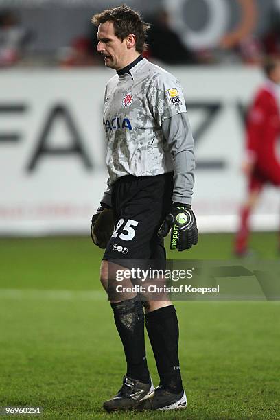 Mathias Hain of St. Pauli looks dejected after the first goal of Kaiserslautern during the Second Bundesliga match between 1.FC Kaiserslautern and FC...