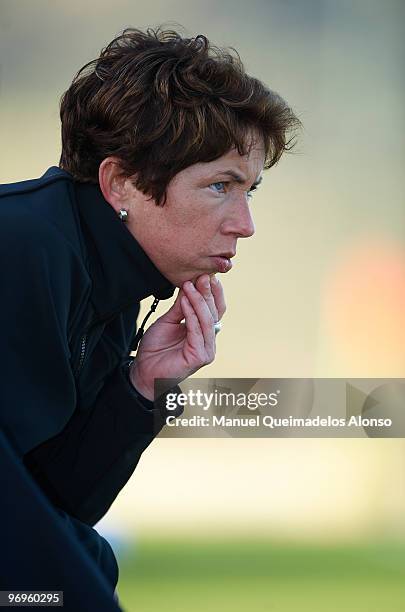 Head coach Maren Meinert of Germany looks on during the Women's international friendly match between Germany and England on February 22, 2010 in La...