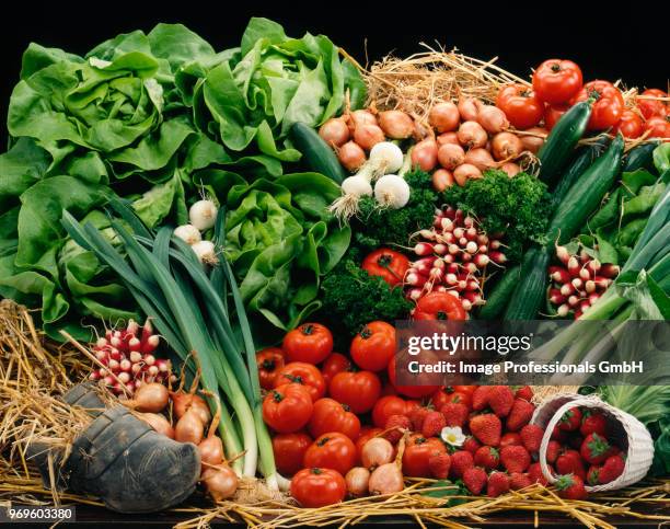 vegetable and fruit composition on straw - abondance stock pictures, royalty-free photos & images