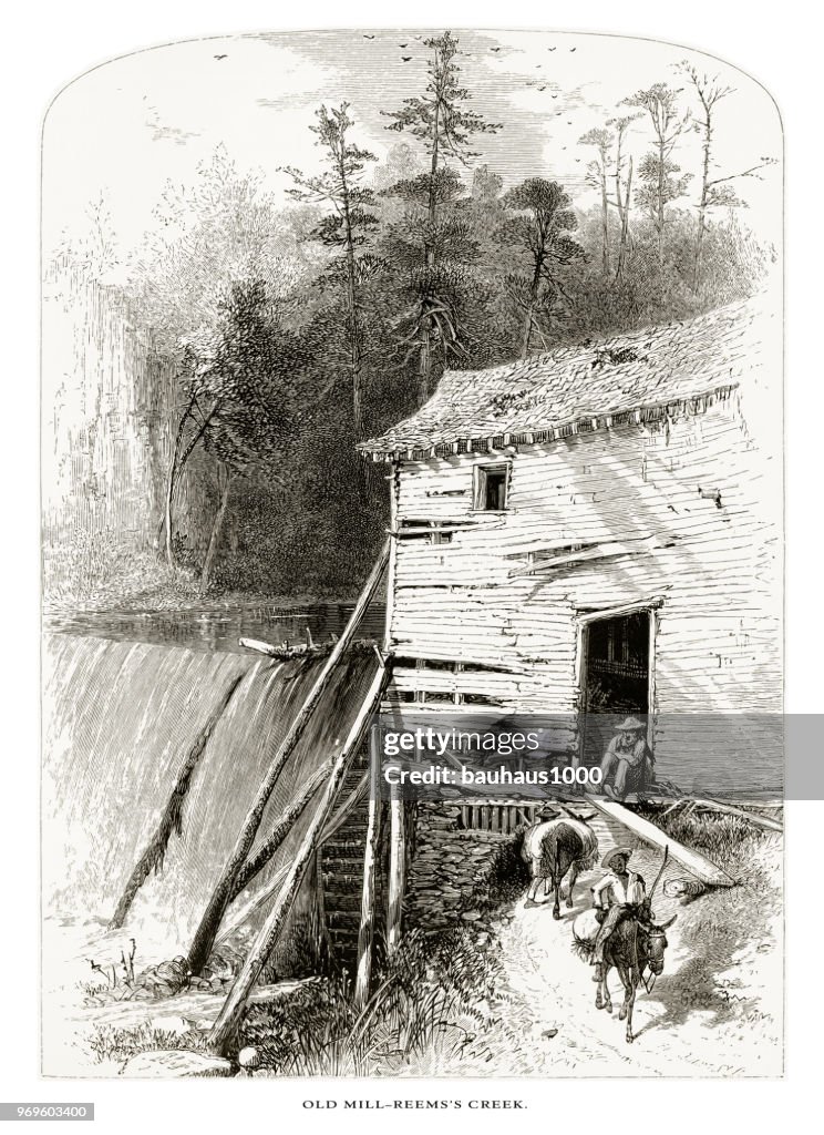 Old Mill on Reems Creek, French Broad River, North Carolina, United States, American Victorian Engraving, 1872