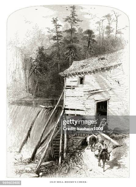 old mill on reems creek, french broad river, north carolina, united states, american victorian engraving, 1872 - north carolina waterfall stock illustrations