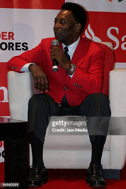 Former Brazilian soccer player Pele speaks during a press conference to announce an advertising campaign for Santander Bank at Hotel Camino Real on...
