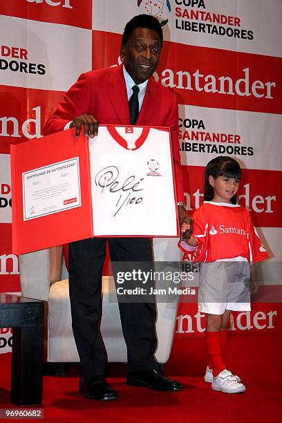 Former Brazilian soccer player Pele speaks during a press conference to announce an advertising campaign for Santander Bank at Hotel Camino Real on...