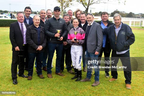 Linda Meech , Symon Wilde and owners after winning the Pooles Accountants Golden Topaz at Swan Hill Racecourse on June 08, 2018 in Swan Hill,...