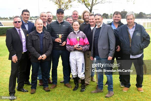 Linda Meech , Symon Wilde and owners after winning the Pooles Accountants Golden Topaz at Swan Hill Racecourse on June 08, 2018 in Swan Hill,...