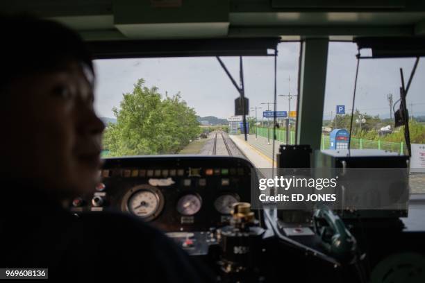 Photo taken on May 29, 2018 shows the northernmost limit of the Gyeongwon railway line at Baengmagoji station in Cheorwon near the Demilitarized Zone...