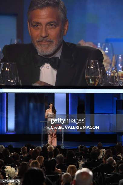 British-Lebanese barrister and wife Amal Clooney addresses the crowd during the 46th American Film Institute's Life Achievement Award Gala Tribute at...