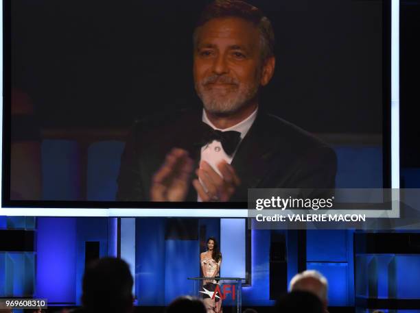 British-Lebanese barrister and wife Amal Clooney addresses the crowd during the 46th American Film Institute's Life Achievement Award Gala Tribute at...