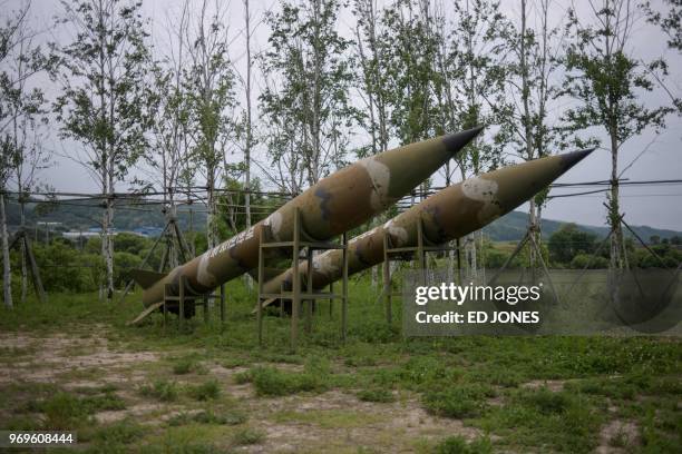 In a photo taken on May 29, 2018 rockets are displayed at a memorial ground of the Baengmagoji, or White Horse, battlefield in Cheorwon near the...