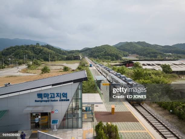 Photo taken on May 29, 2018 shows a general view of the northernmost limit of the Gyeongwon railway line at Baengmagoji station in Cheorwon near the...