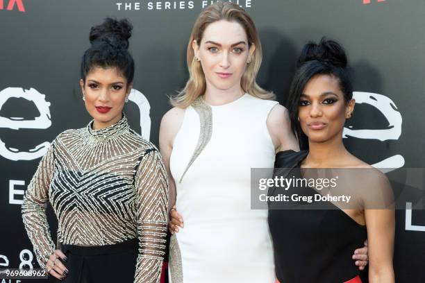 Tina Desai, Jamie Clayton and Freema Agyeman attend Netflix's "Sense8" Series Finale Fan Screening at ArcLight Hollywood on June 7, 2018 in...