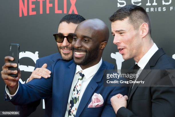 Miguel Angel Silvestre, Toby Onwumere and Brian J. Smith attend Netflix's "Sense8" Series Finale Fan Screening at ArcLight Hollywood on June 7, 2018...