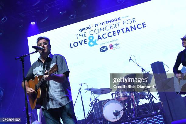 Vince Gill performs at the GLAAD + TY HERNDON's 2018 Concert for Love & Acceptance at Wildhorse Saloon on June 7, 2018 in Nashville, Tennessee.