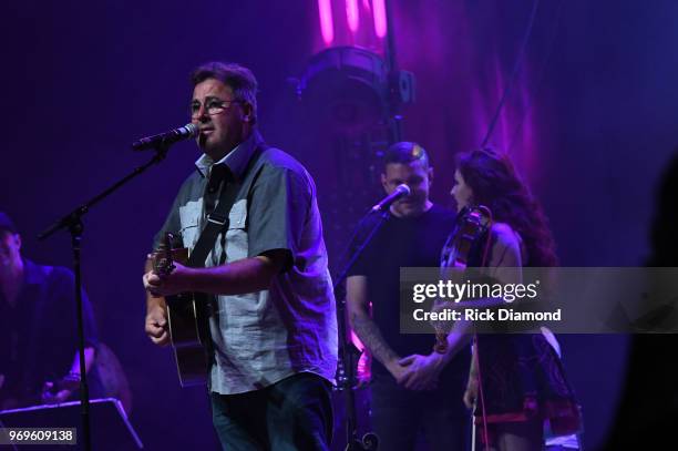 Vince Gill and Ty Herndon perform onstage at the GLAAD + TY HERNDON's 2018 Concert for Love & Acceptance at Wildhorse Saloon on June 7, 2018 in...