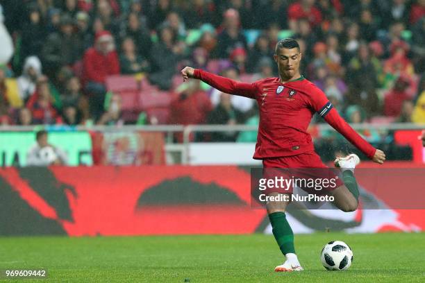 Portugal's forward Cristiano Ronaldo in action during the FIFA World Cup Russia 2018 preparation football match Portugal vs Algeria, at the Luz...