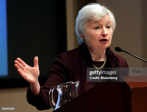 Janet Yellen, president of the Federal Reserve Bank of San Francisco, speaks at the University of San Diego's Joan Kroc Institute for Peace and...