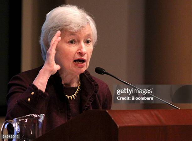 Janet Yellen, president of the Federal Reserve Bank of San Francisco, speaks at the University of San Diego's Joan Kroc Institute for Peace and...