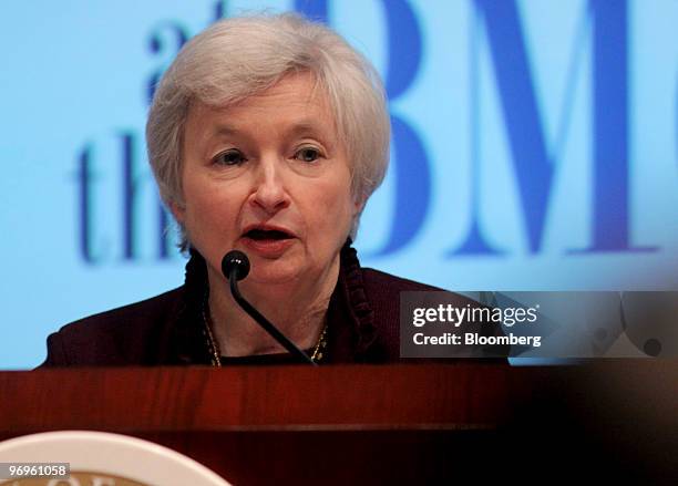 Janet Yellen, president of the Federal Reserve Bank of San Francisco, speaks at the University of San Diego's Joan Kroc Institute for Peace and...