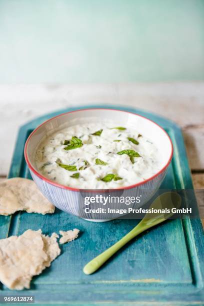 a bowl of tzatziki with flatbread - tzatziki stock-fotos und bilder