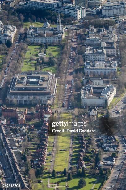 An aerial view of the Welsh Government and the University of Wales buildings on King Edward VII Avenue on September 16th, 2017.