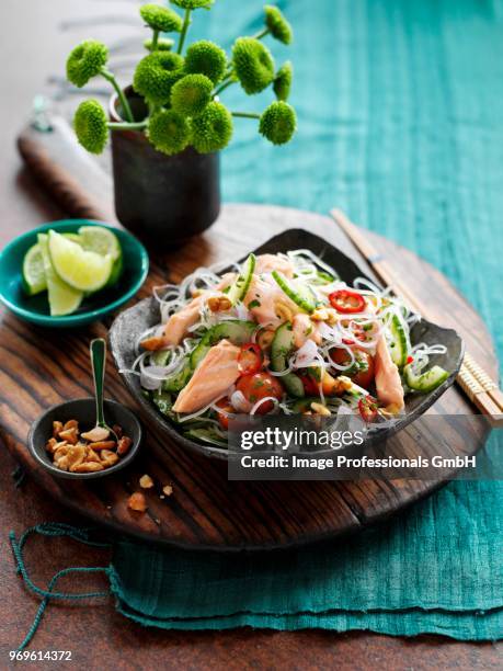 glass noodles with salmon (thailand) - vermicelle chinois photos et images de collection