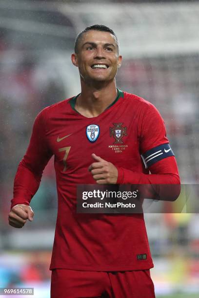 Portugal's forward Cristiano Ronaldo reacts during the FIFA World Cup Russia 2018 preparation football match Portugal vs Algeria, at the Luz stadium...