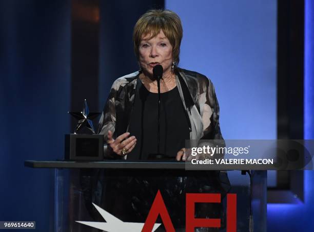 Actress Shirley MacLaine addresses the crowd during the 46th American Film Institute's Life Achievement Award Gala Tribute at the Dolby theatre in...