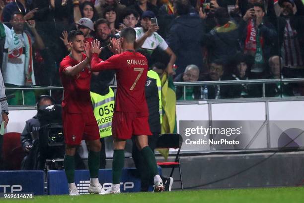 Portugal's forward Cristiano Ronaldo is substituted for forward Andre Silva during the FIFA World Cup Russia 2018 preparation football match Portugal...