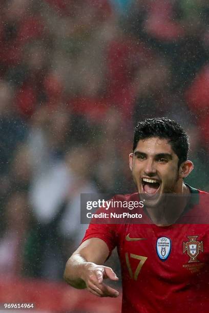 Portugal's forward Goncalo Guedes celebrates a goal during a friendly match Portugal x Argelia in Luz Stadium Lisbon, on June 7, 2018.