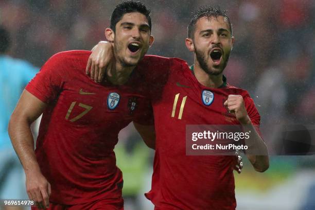 Portugal's forward Goncalo Guedes celebrates a goal during a friendly match Portugal x Argelia in Luz Stadium Lisbon, on June 7, 2018.