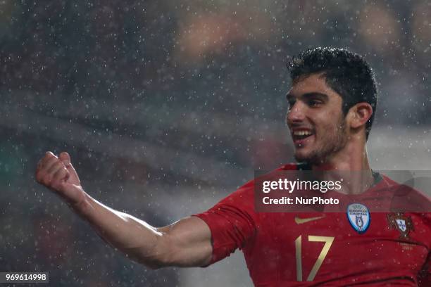 Portugal's forward Goncalo Guedes celebrates a goal during a friendly match Portugal x Argelia in Luz Stadium Lisbon, on June 7, 2018.