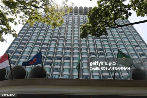 The Shangri-La hotel, where US President Donald Trump will reportedly stay during the June 12 summit with North Korean leader Kim Jong Un, is seen in...