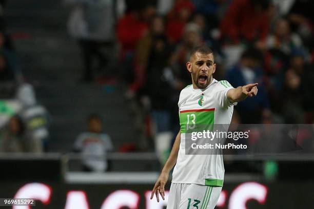 Algelia's forward Islam Slimani reacts during the FIFA World Cup Russia 2018 preparation match between Portugal vs Algeria in Lisbon on June 7, 2018.